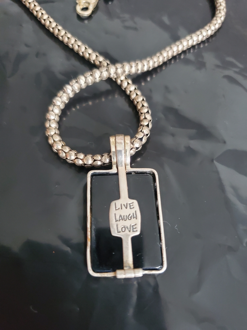 Vintage 925 'Live Laugh Love' Black Onyx Pendant Necklace 17" Mens